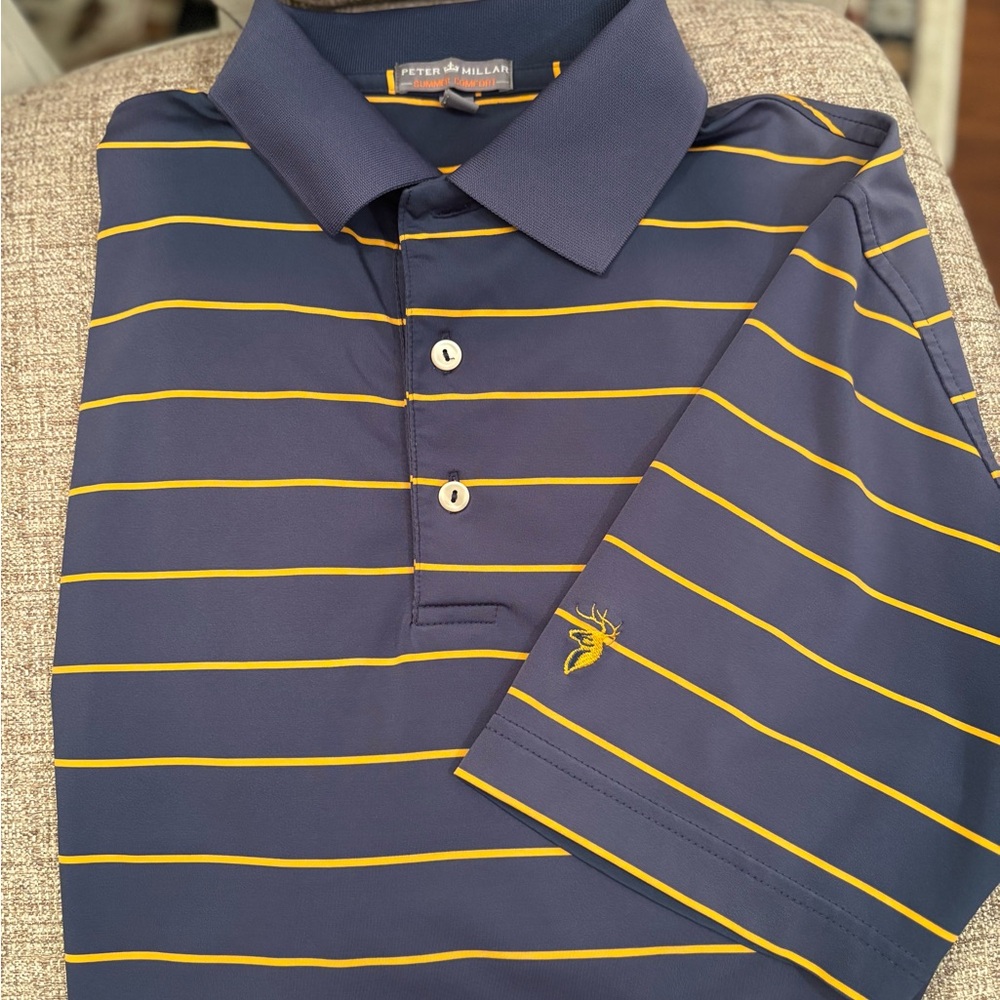 Peter Millar Navy with Yellow Stripe Performance Polo